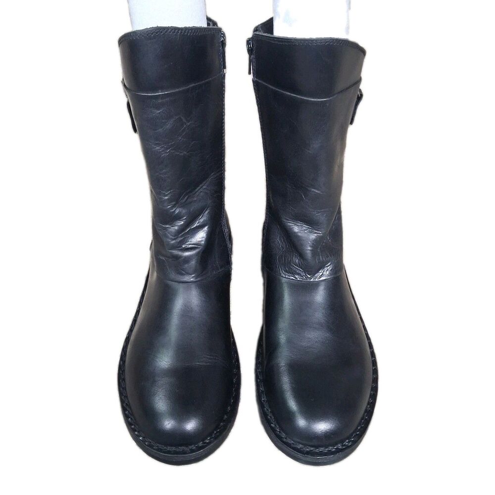 Fly London Mes II Black Leather Mid Calf Wedge Boots Women's Size 38 US 7.5/8